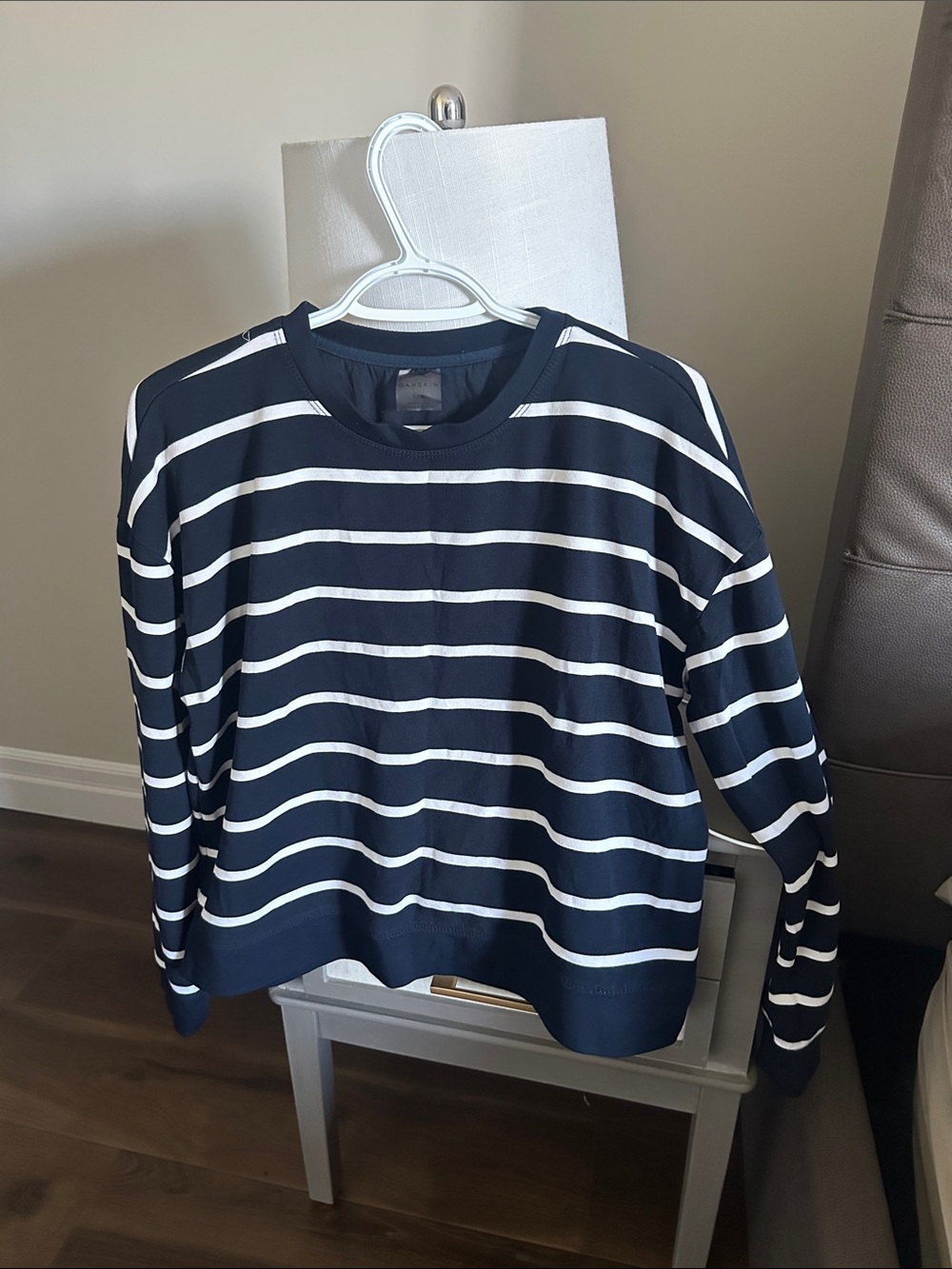 Navy and White Striped Men's Crewneck Sweater